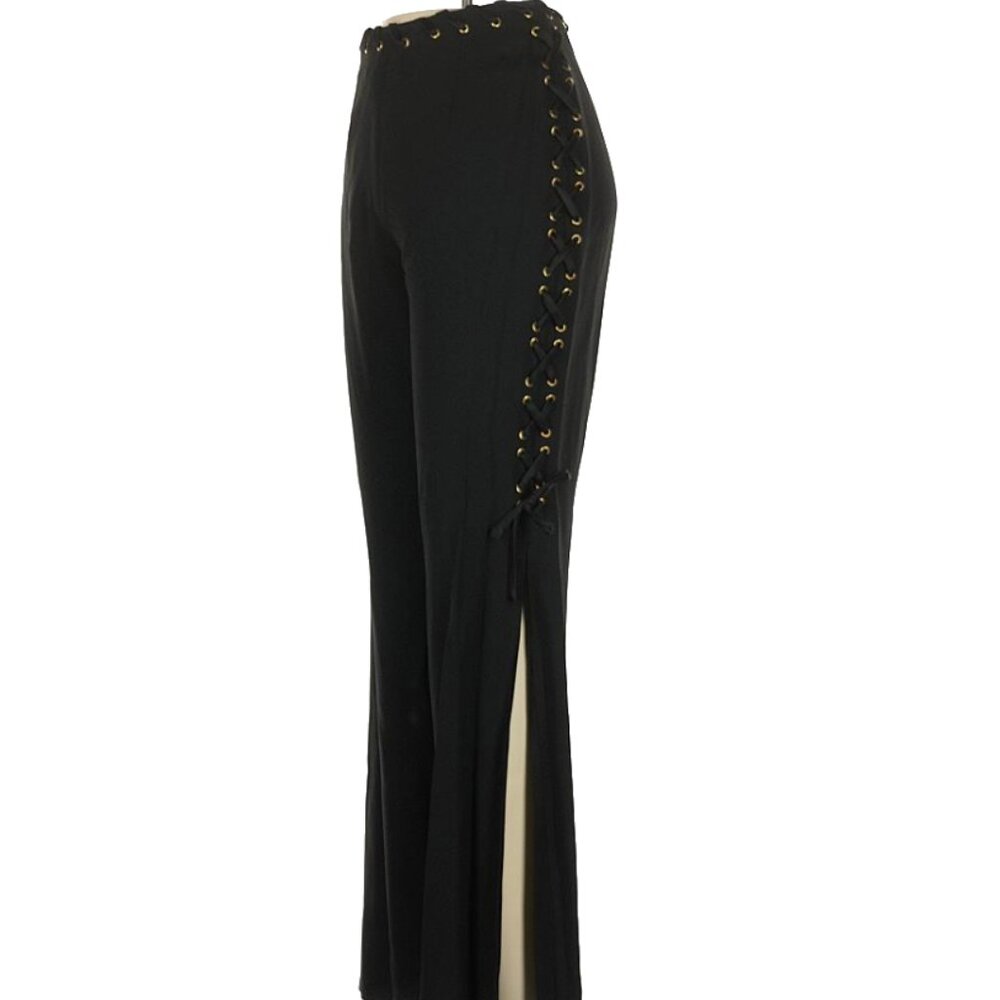 Moschino Cheap and Chic Side Slit Lace Up Pants Black Gold Vintage USA 4 6 8 S